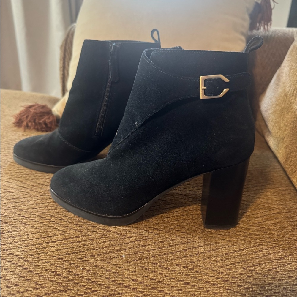 Cole Haan Black Heeled Boots with Gold Buckle